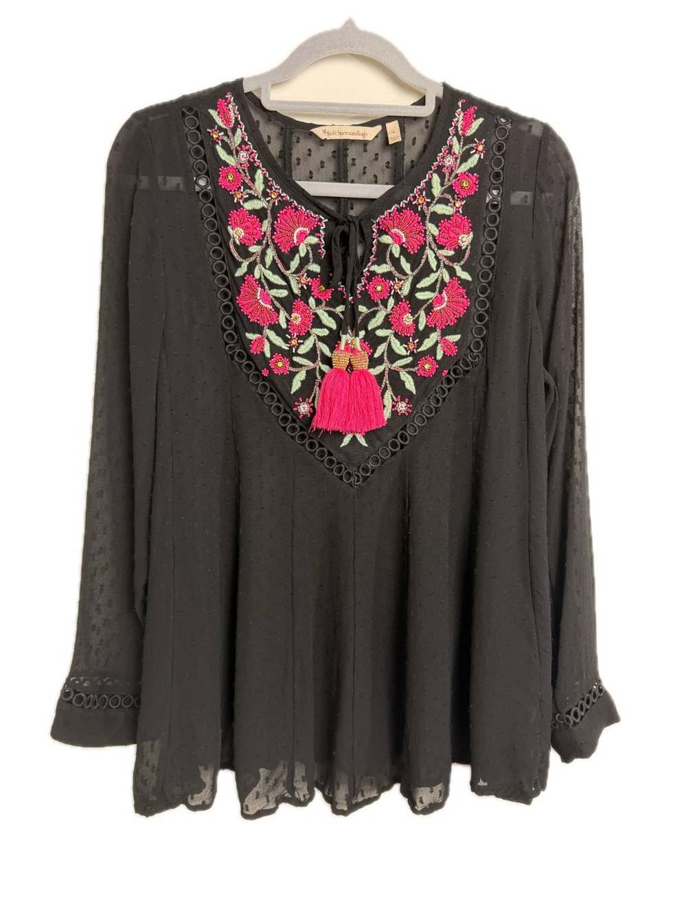 Soft Surroundings Black Embroidered Beaded Tassel Blouse Top Boho Floral Size S